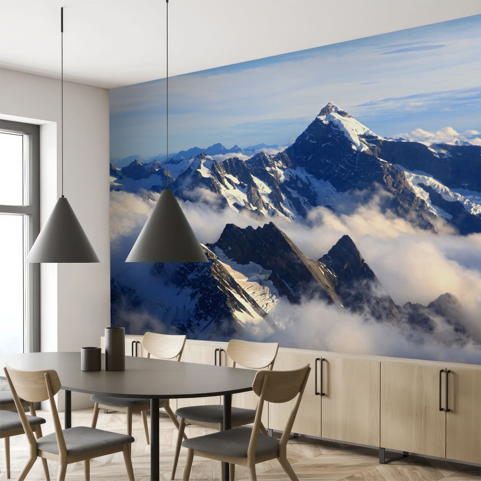 Фотошпалери прохолодний туман тягнеться високо в горах