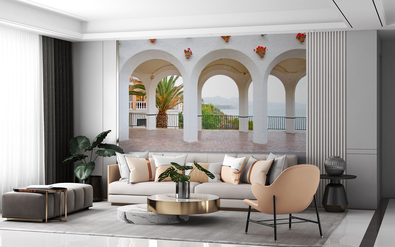 Фотошпалери плавні округлі білосніжні арки над річкою