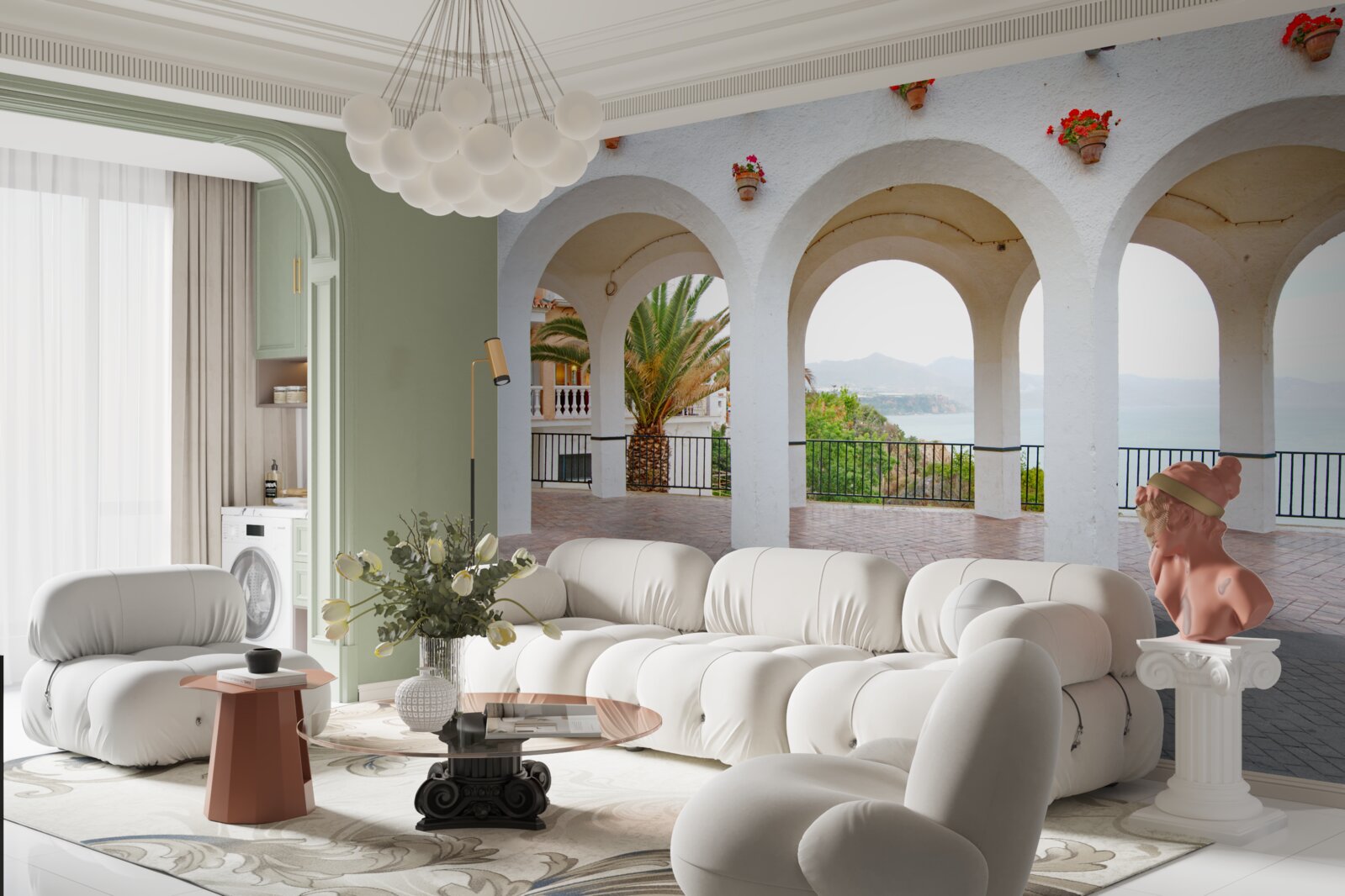 Фотошпалери плавні округлі білосніжні арки над річкою