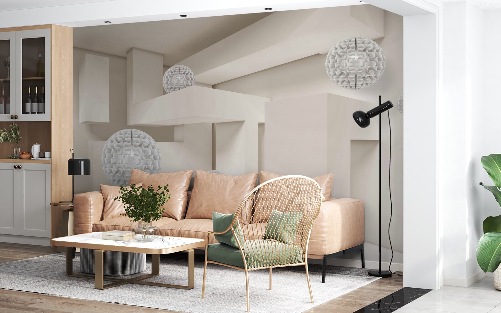 Фотошпалери абстрактні білі кола на тлі прямокутників