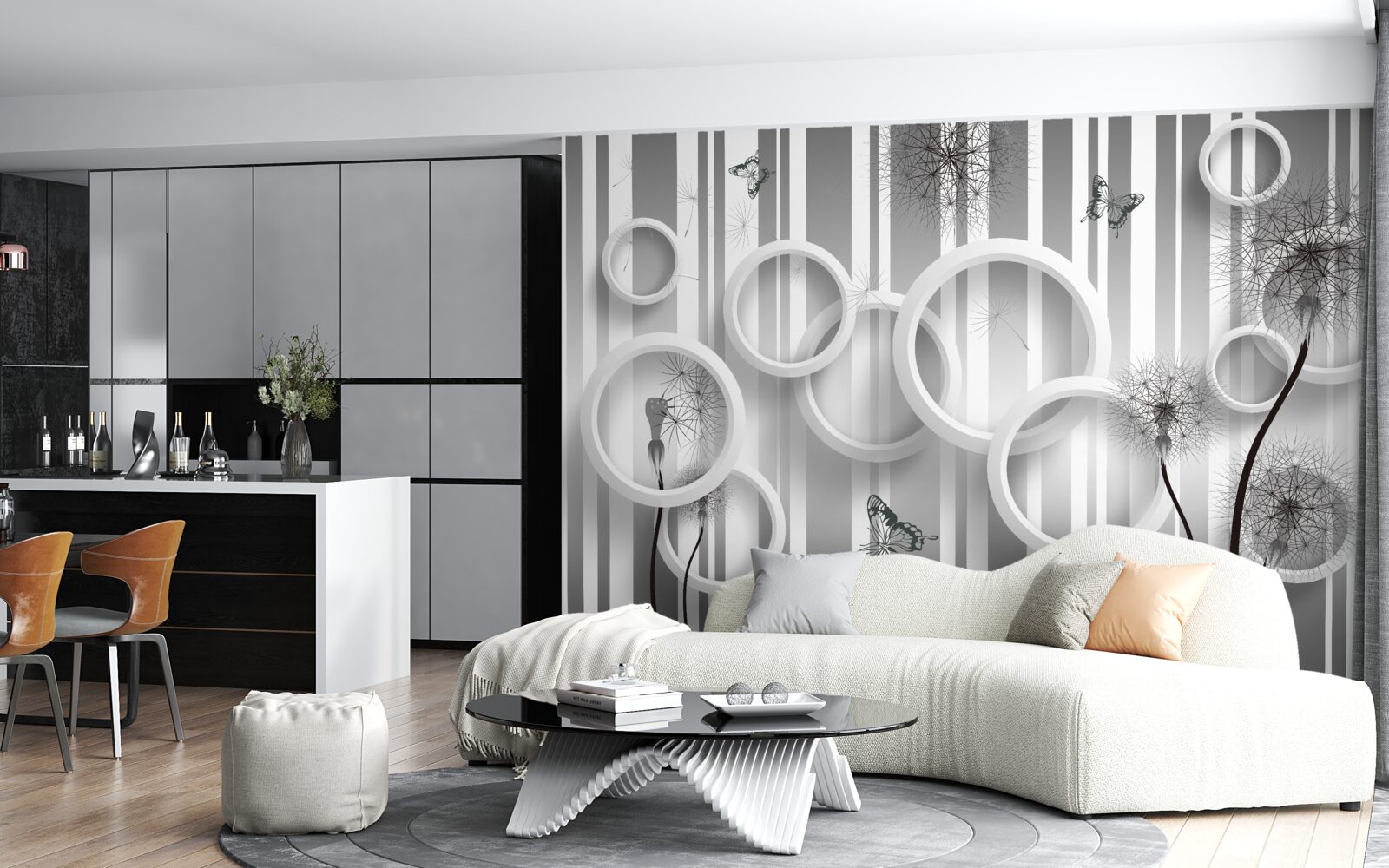 Фотошпалери абстракція білих кіл з кульбабами