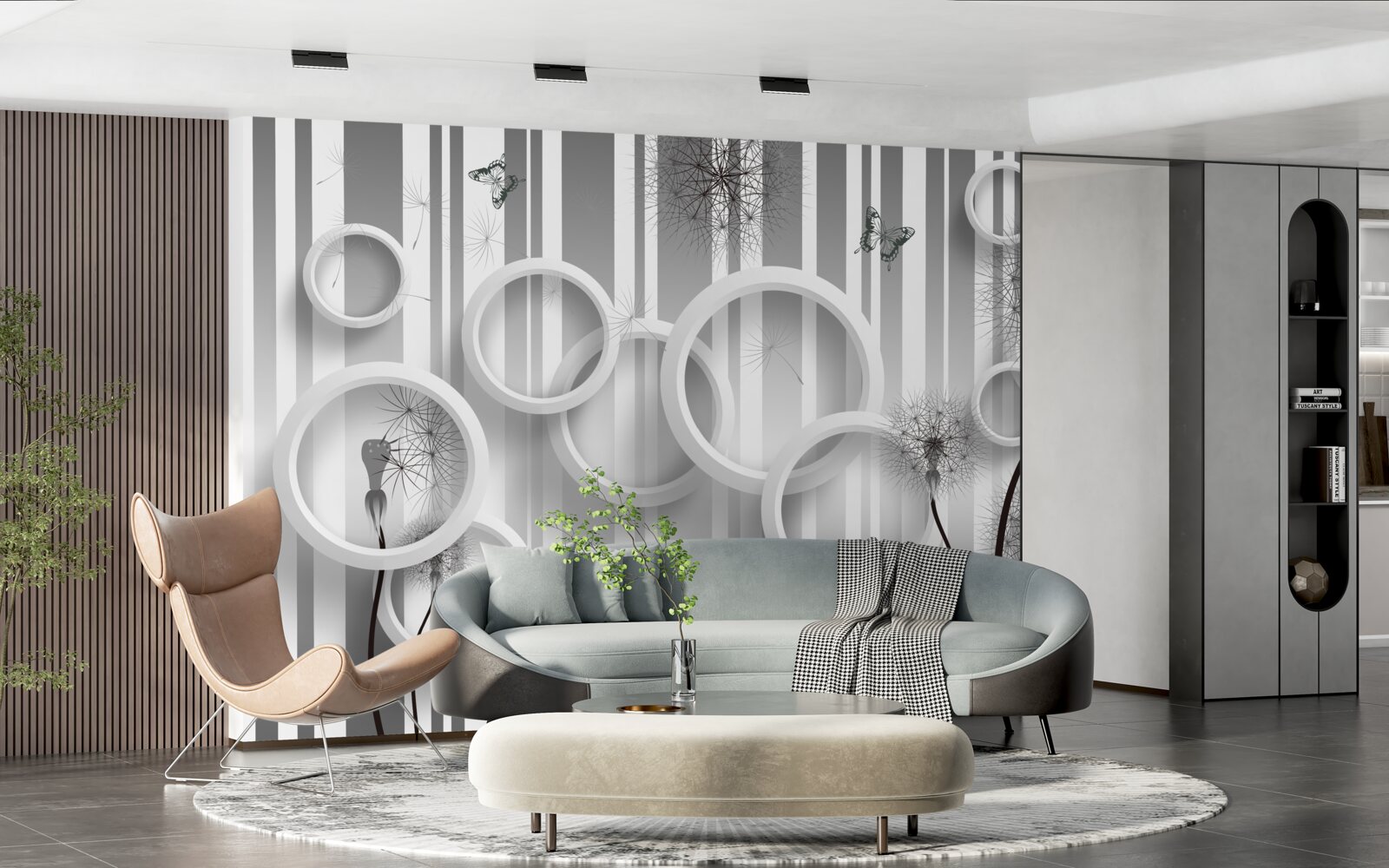 Фотошпалери абстракція білих кіл з кульбабами