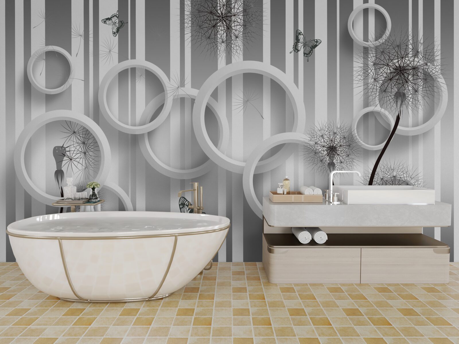 Фотошпалери абстракція білих кіл з кульбабами