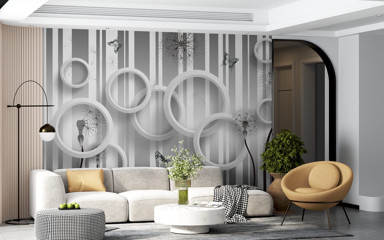 Фотошпалери абстракція білих кіл з кульбабами