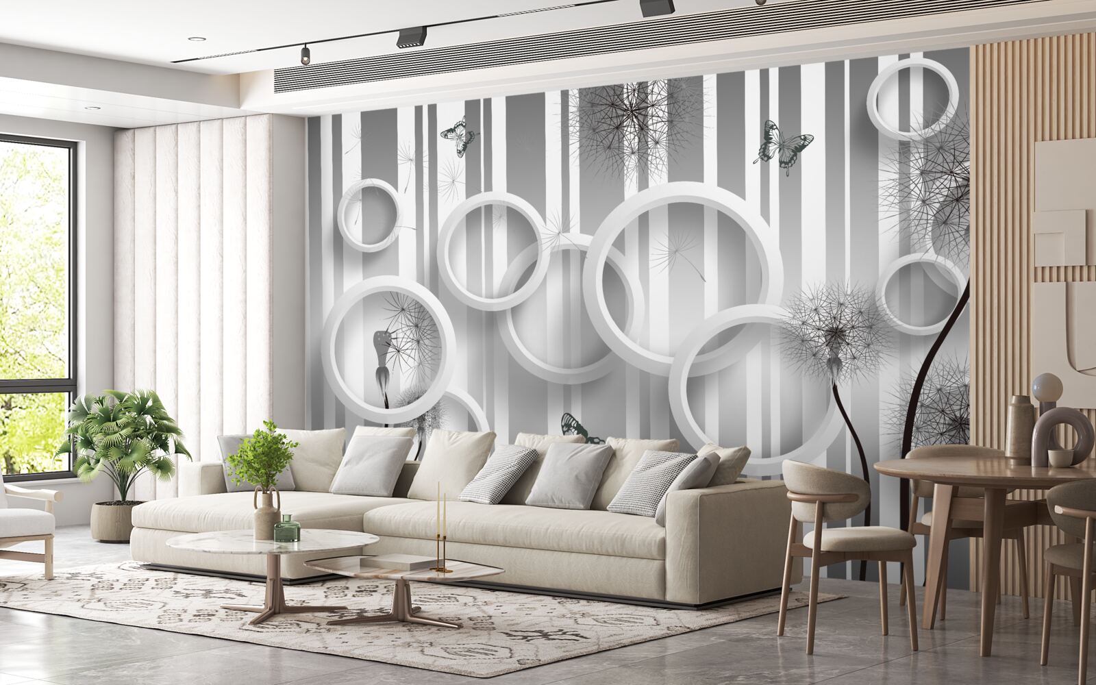 Фотошпалери абстракція білих кіл з кульбабами