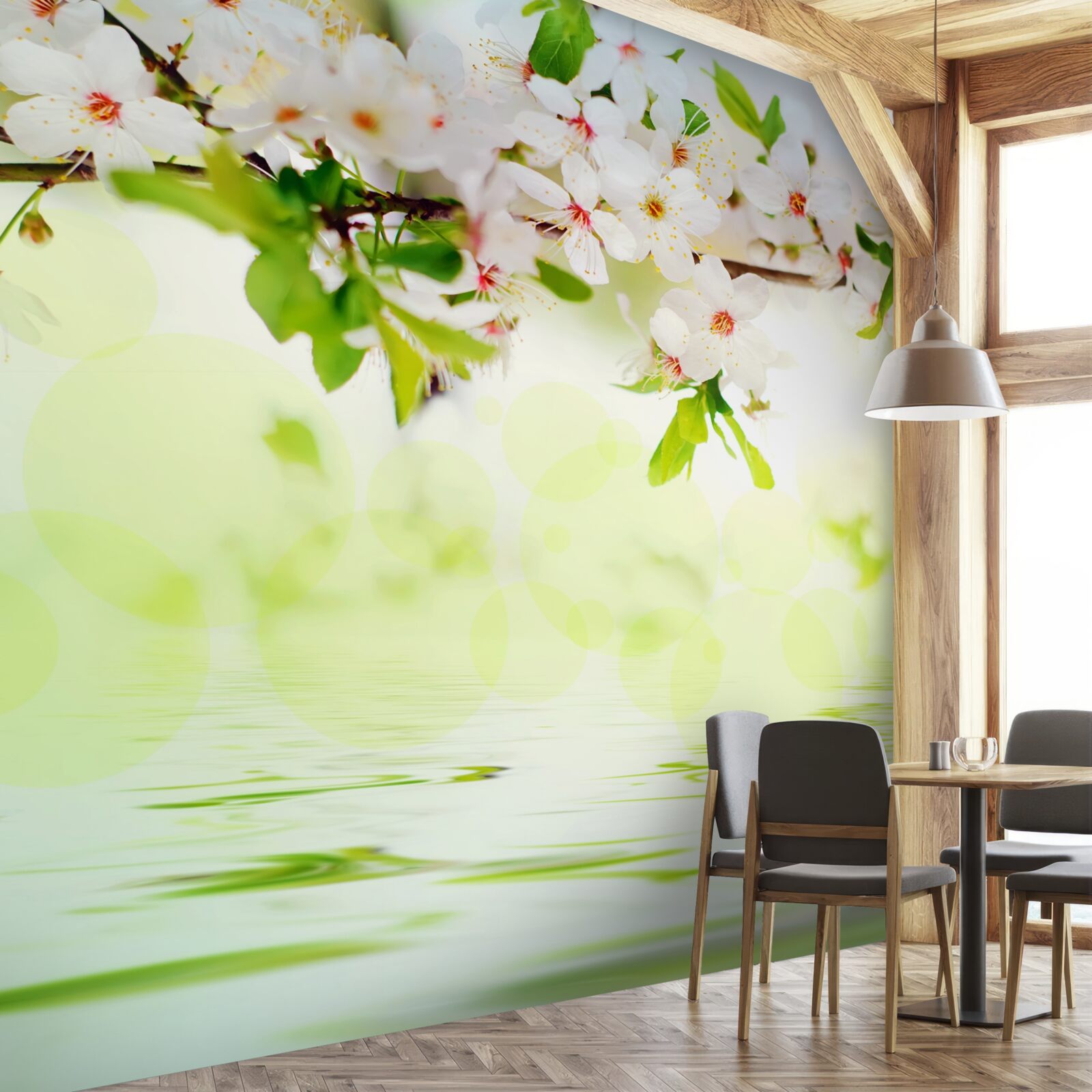 Фотошпалери квіти сакури біліють над теплою літньою водою