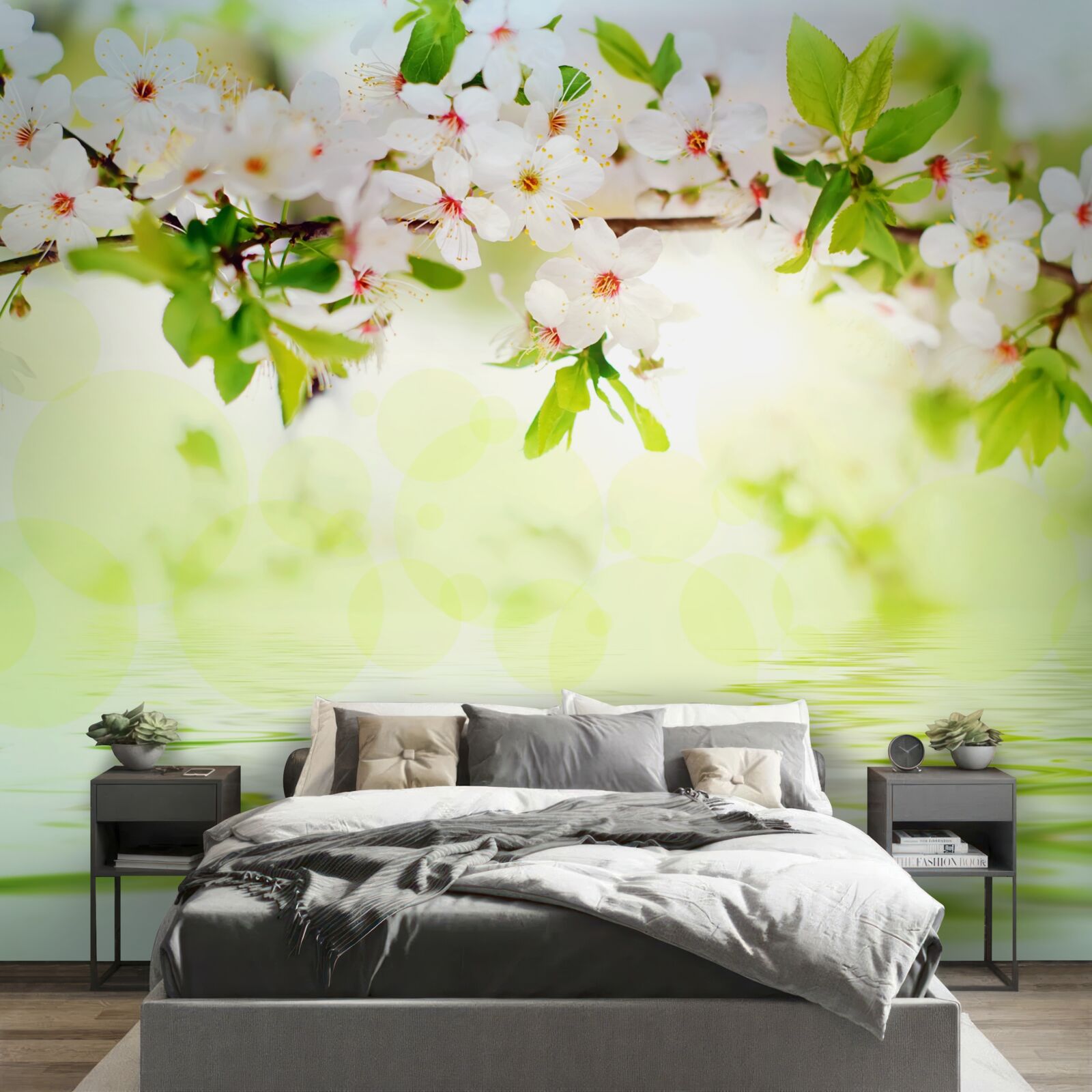 Фотошпалери квіти сакури біліють над теплою літньою водою