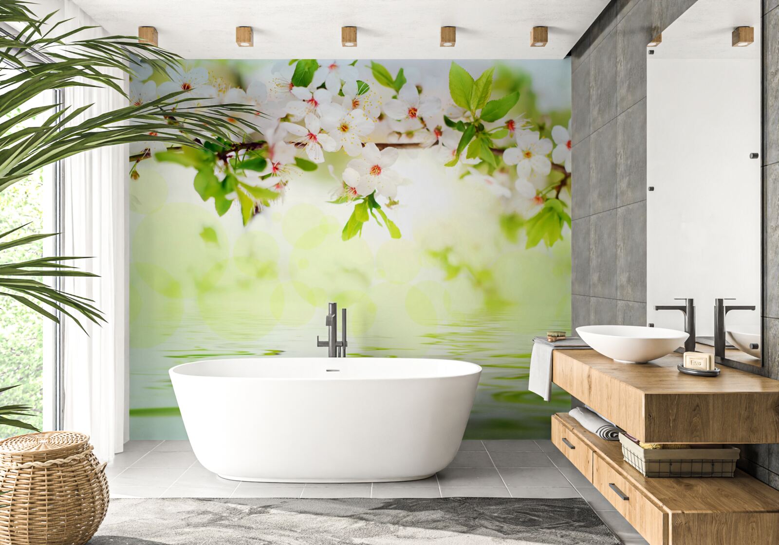 Фотошпалери квіти сакури біліють над теплою літньою водою