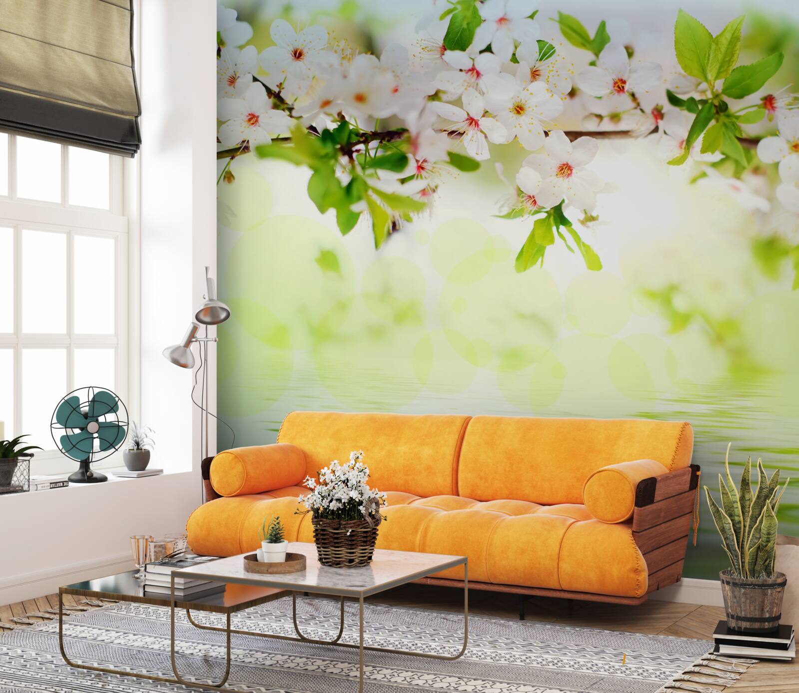 Фотошпалери квіти сакури біліють над теплою літньою водою