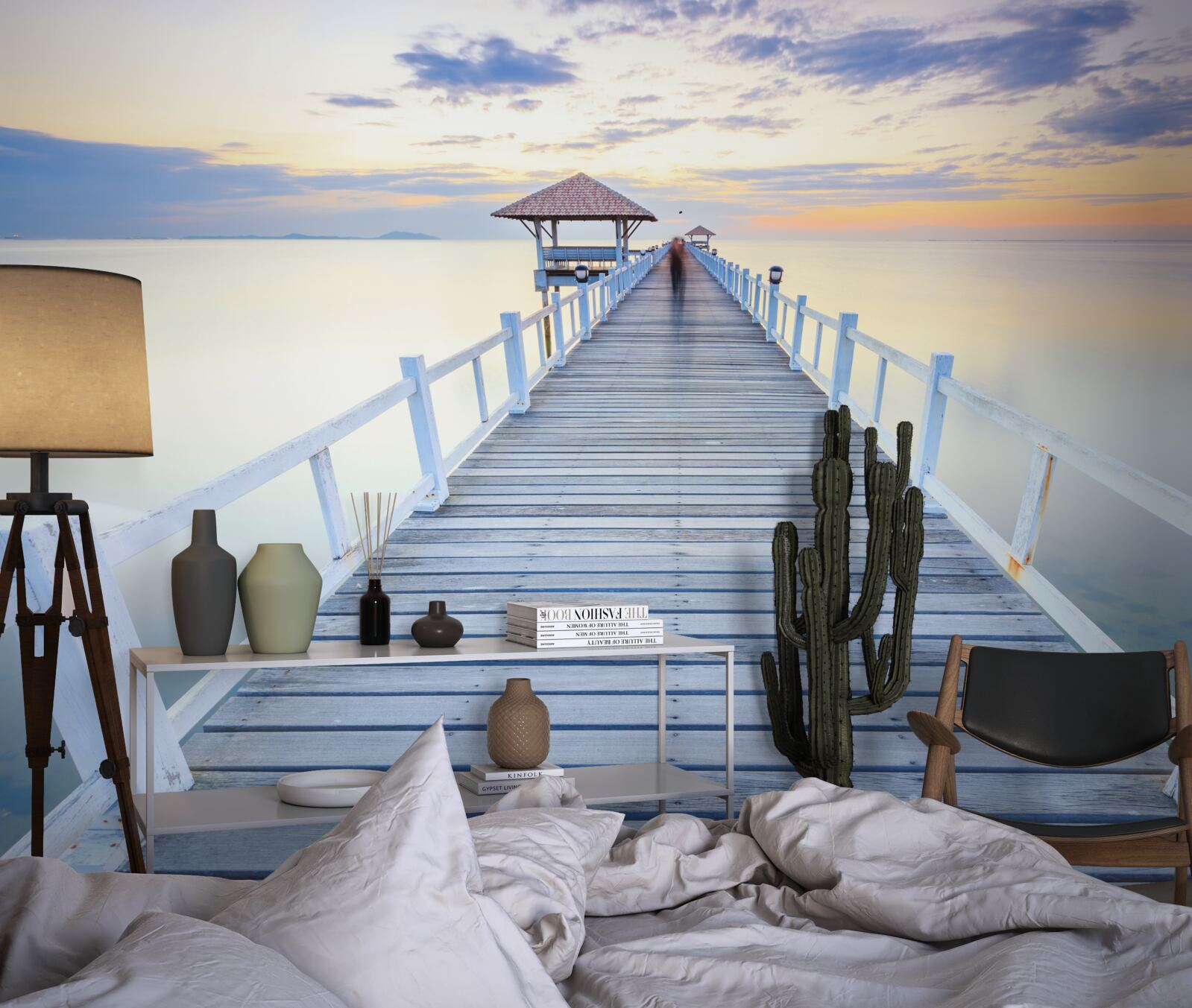 Фотошпалери причал з альтанкою над водою на світанку, який бачив багато