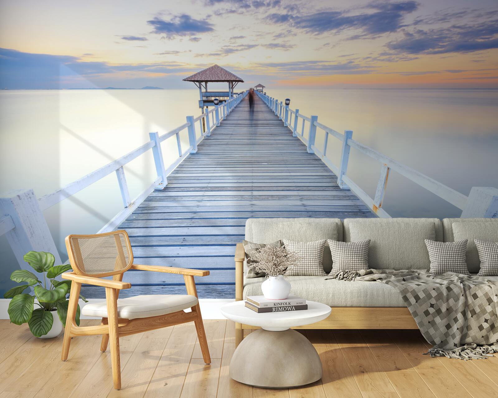 Фотошпалери причал з альтанкою над водою на світанку, який бачив багато