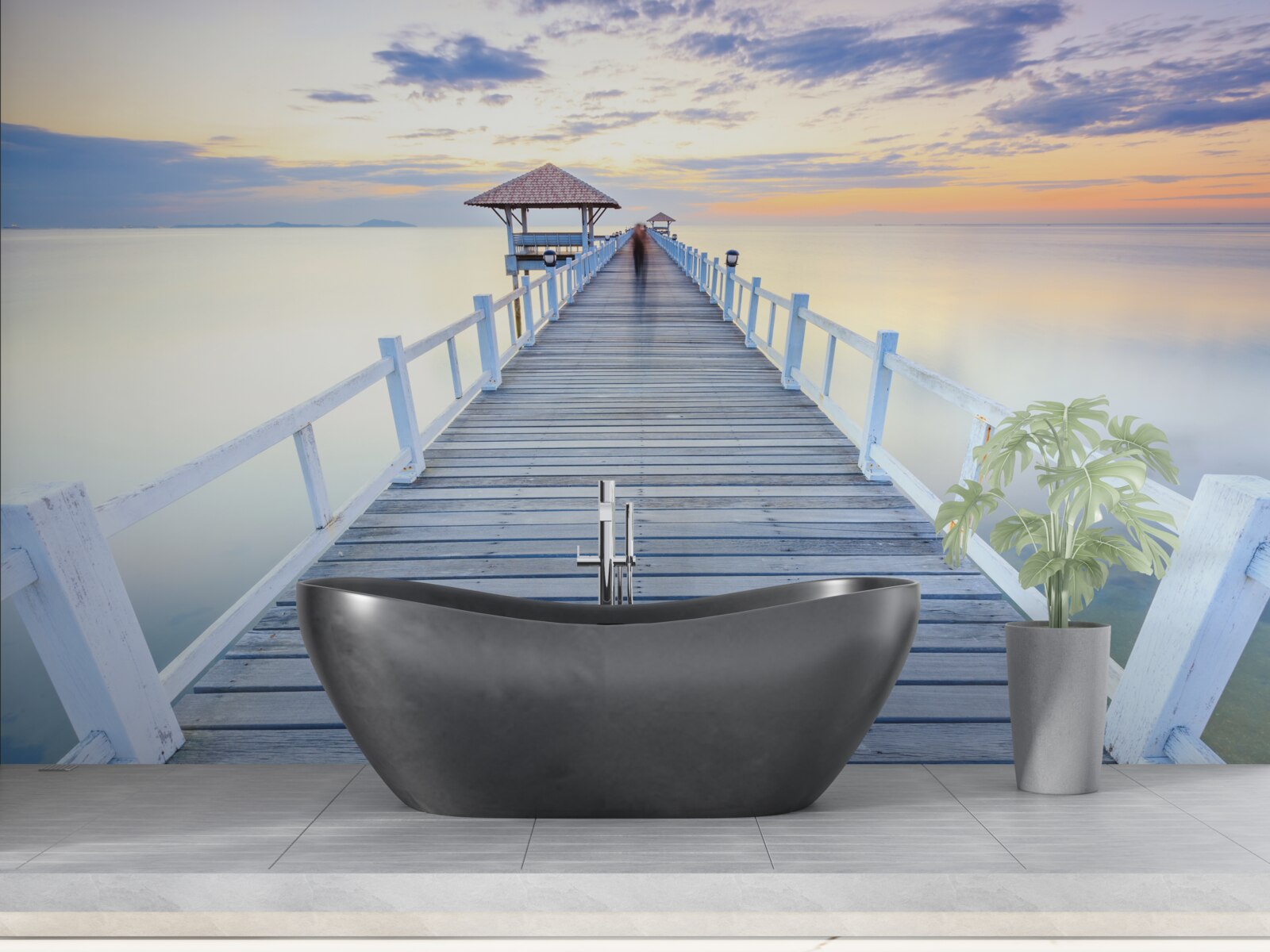 Фотошпалери причал з альтанкою над водою на світанку, який бачив багато