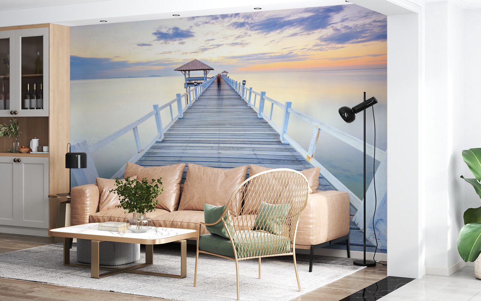 Фотошпалери причал з альтанкою над водою на світанку, який бачив багато