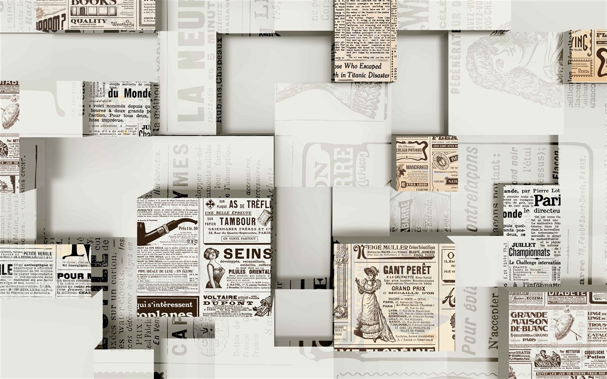 Фотошпалери абстракція з газетних коробок на полицях