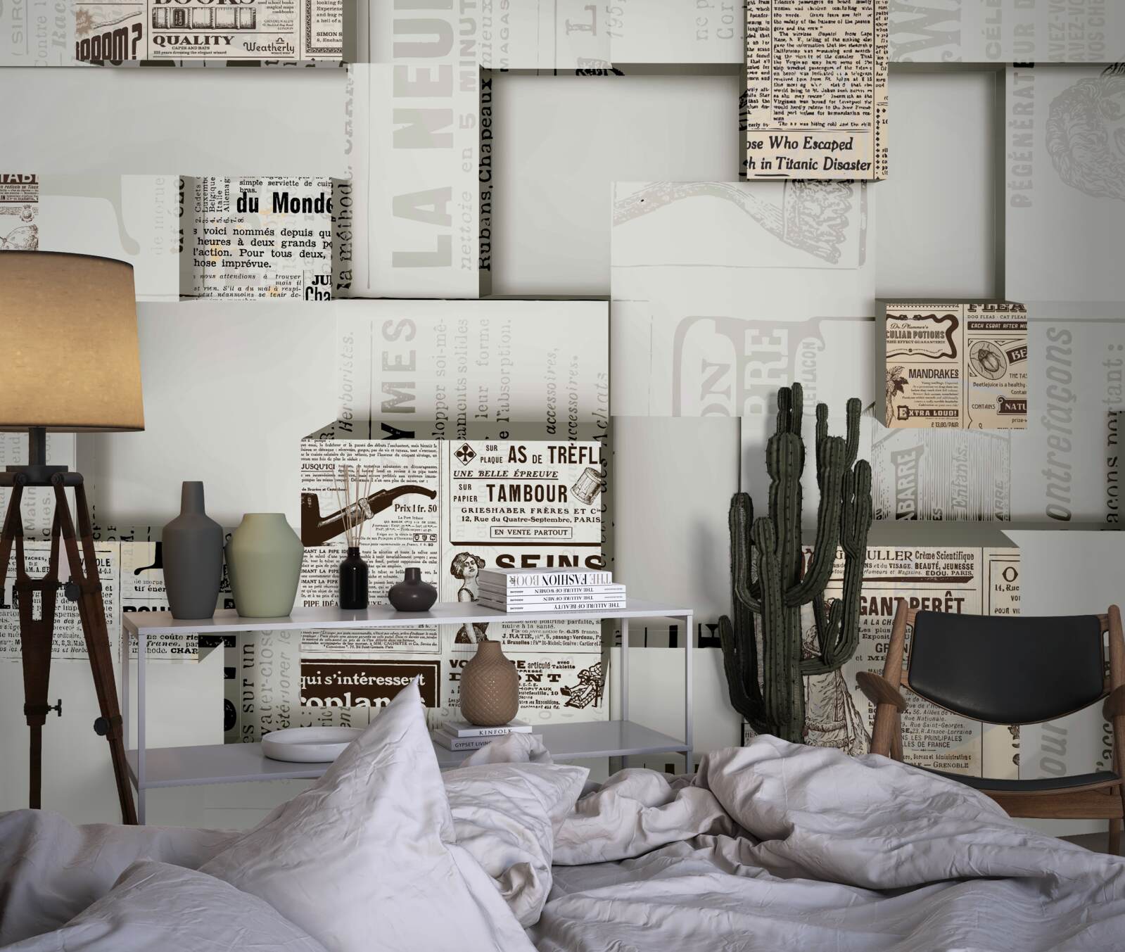 Фотошпалери абстракція з газетних коробок на полицях