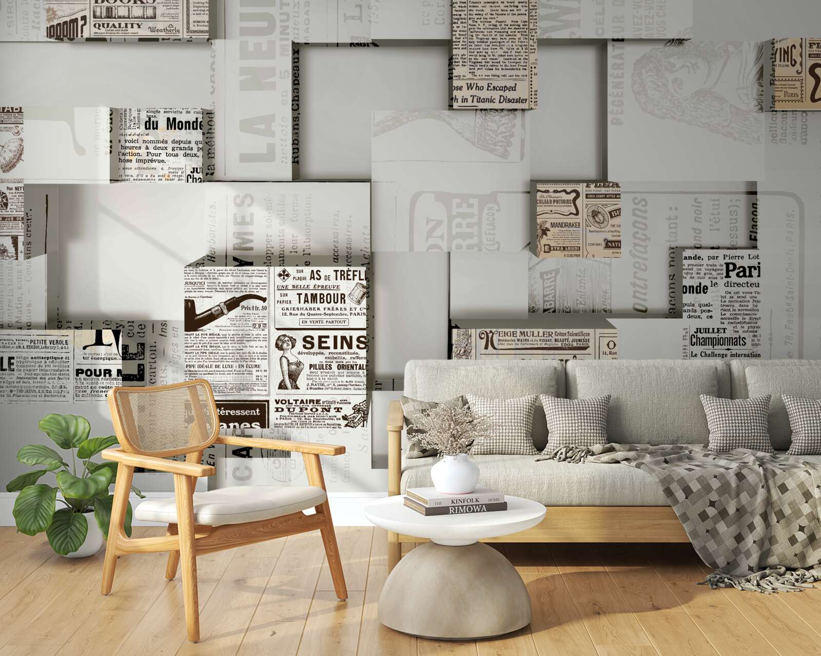 Фотошпалери абстракція з газетних коробок на полицях