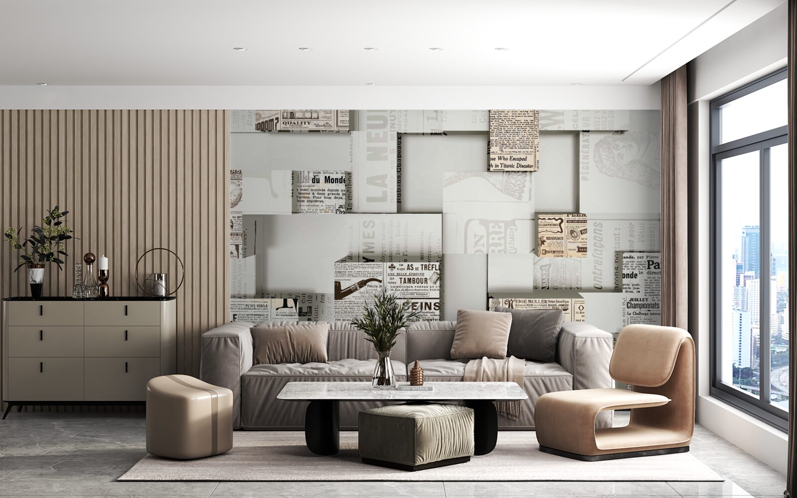 Фотошпалери абстракція з газетних коробок на полицях