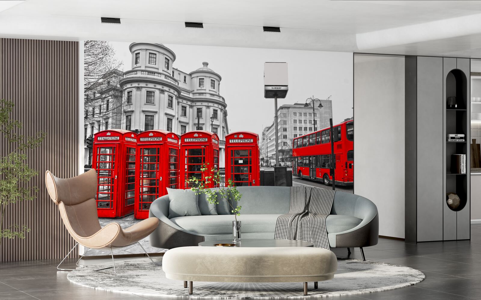 Фотошпалери у сірому місті є червоні автобуси та телефонні будки