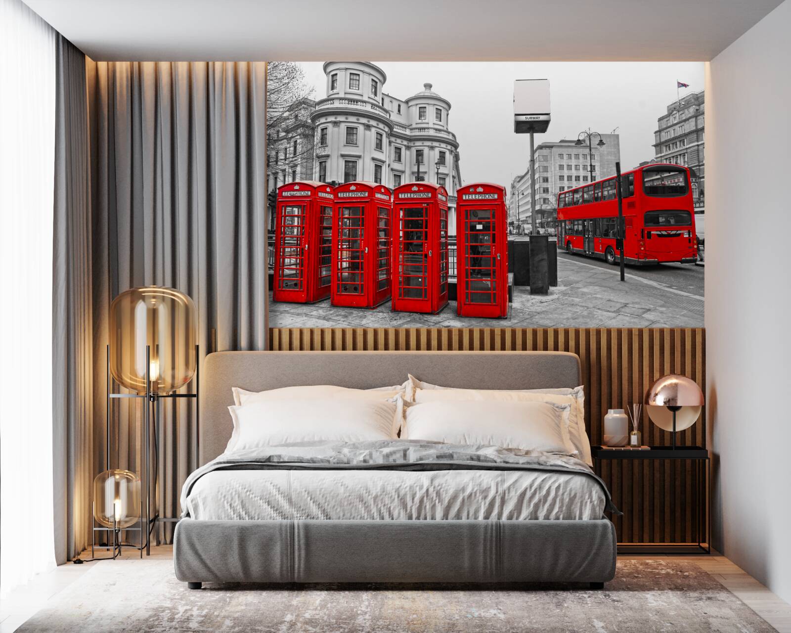 Фотошпалери у сірому місті є червоні автобуси та телефонні будки