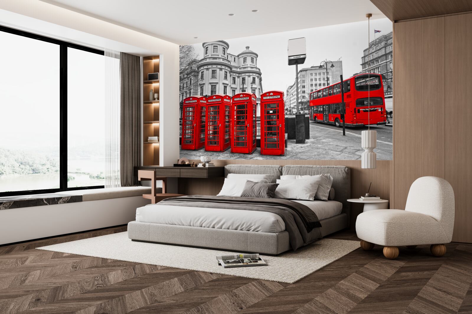 Фотошпалери у сірому місті є червоні автобуси та телефонні будки