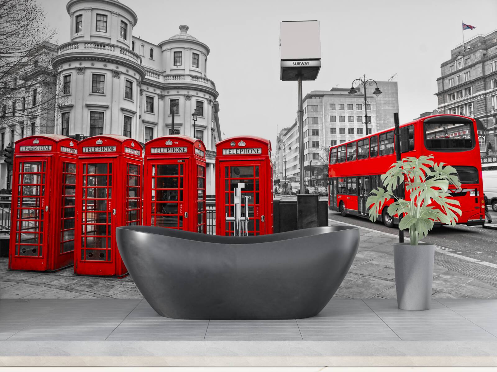 Фотошпалери у сірому місті є червоні автобуси та телефонні будки