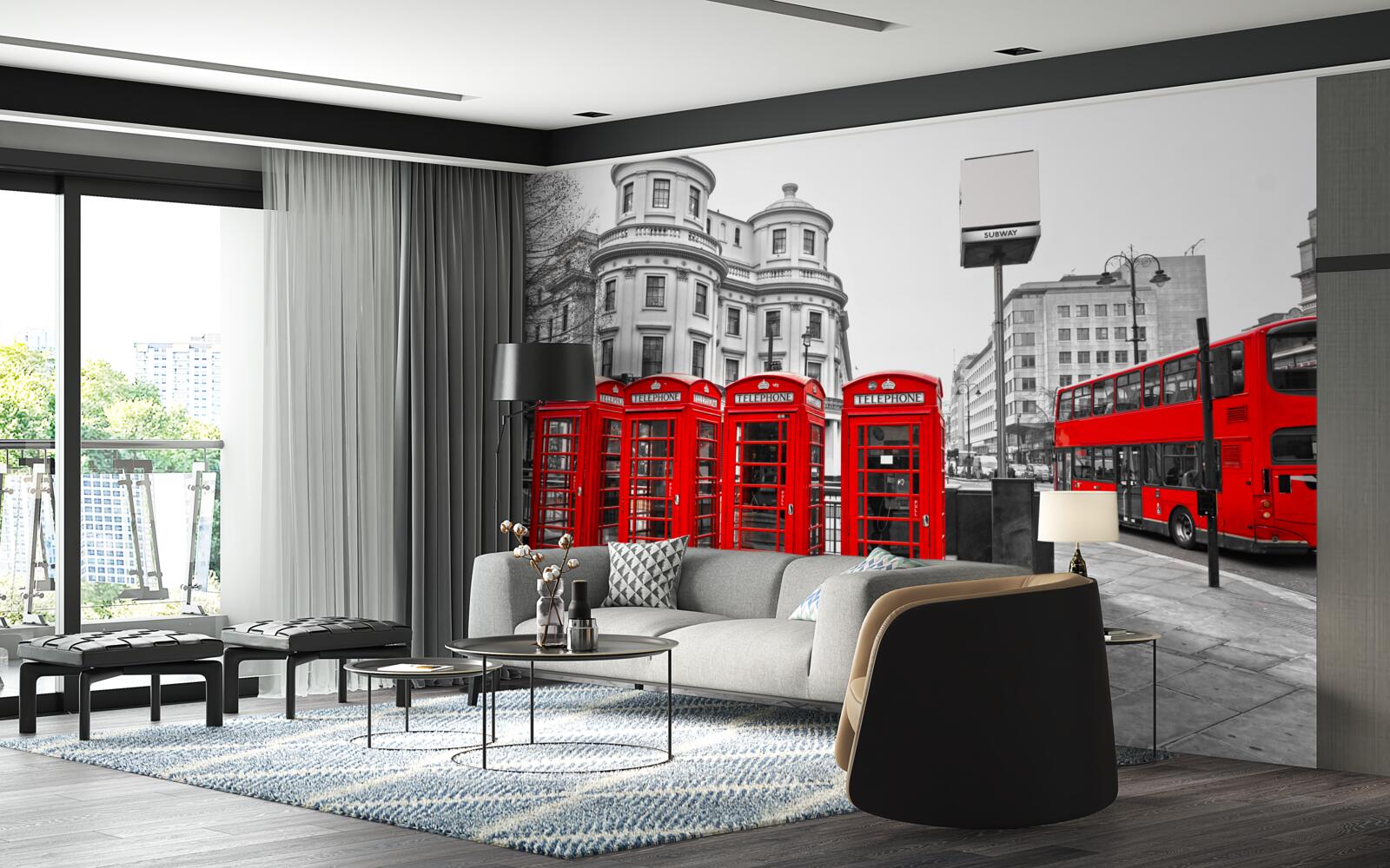 Фотошпалери у сірому місті є червоні автобуси та телефонні будки