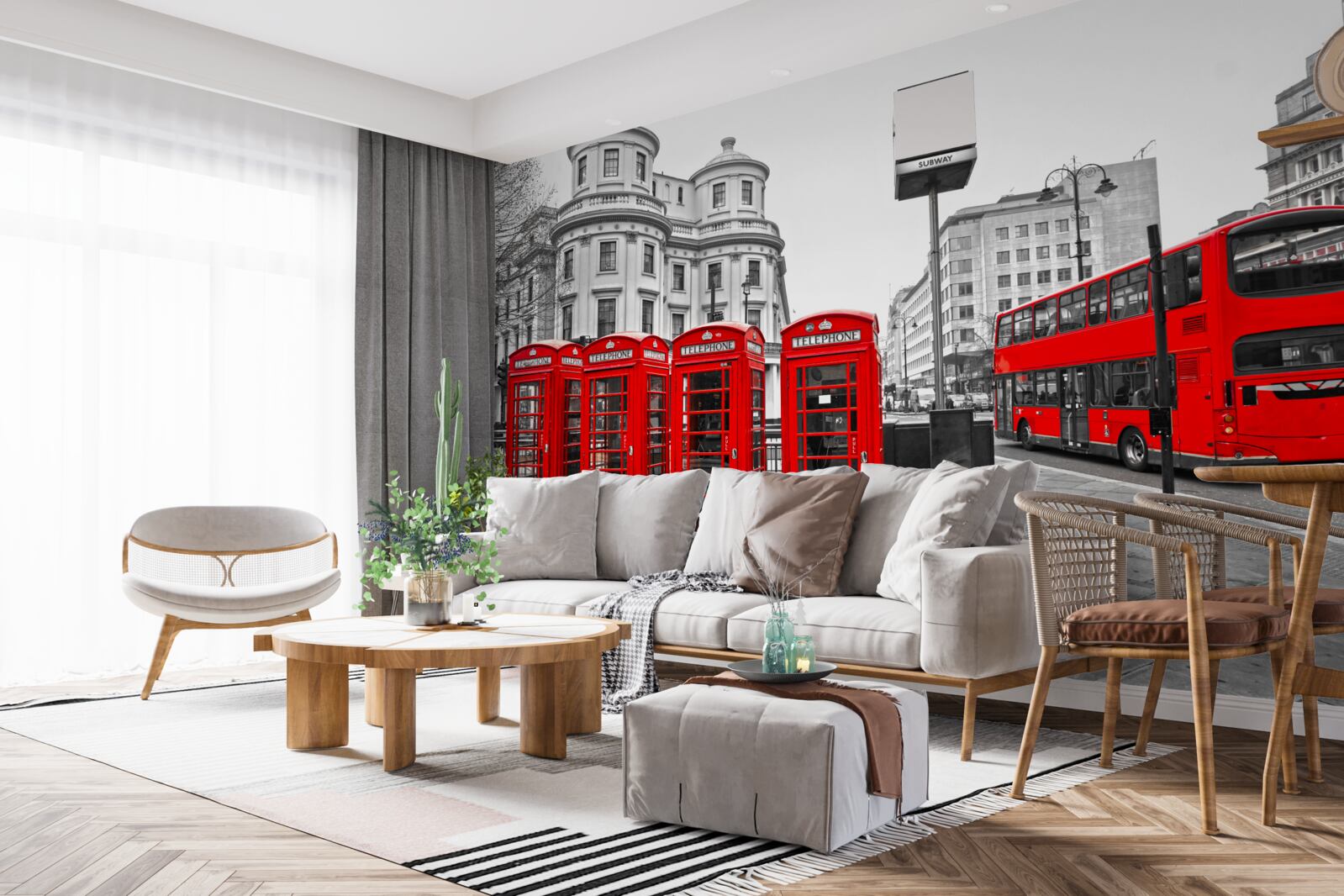 Фотошпалери у сірому місті є червоні автобуси та телефонні будки