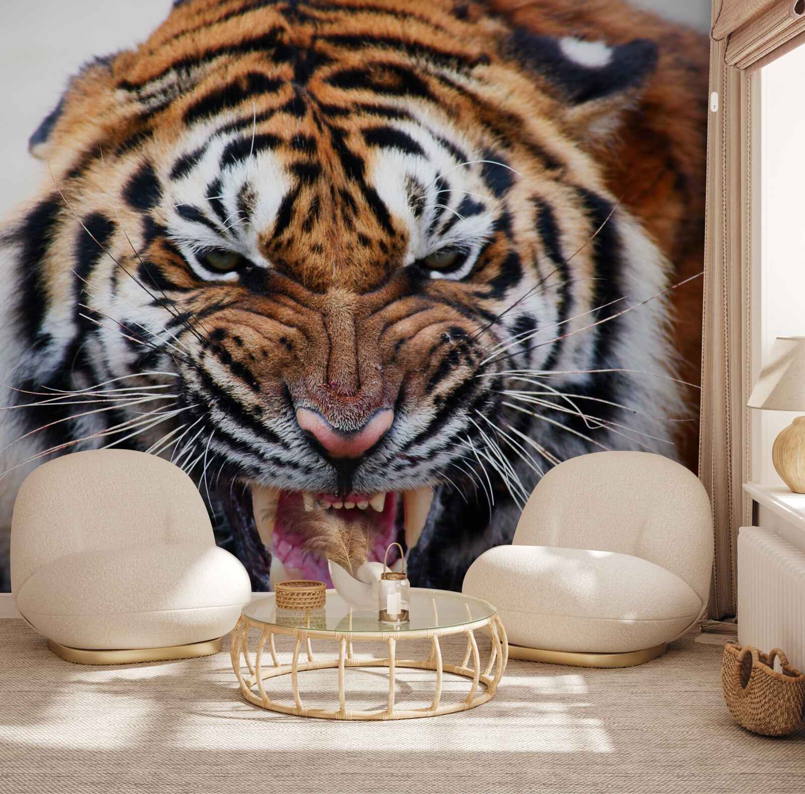 Фотошпалери розлючений дорослий тигр видає рев