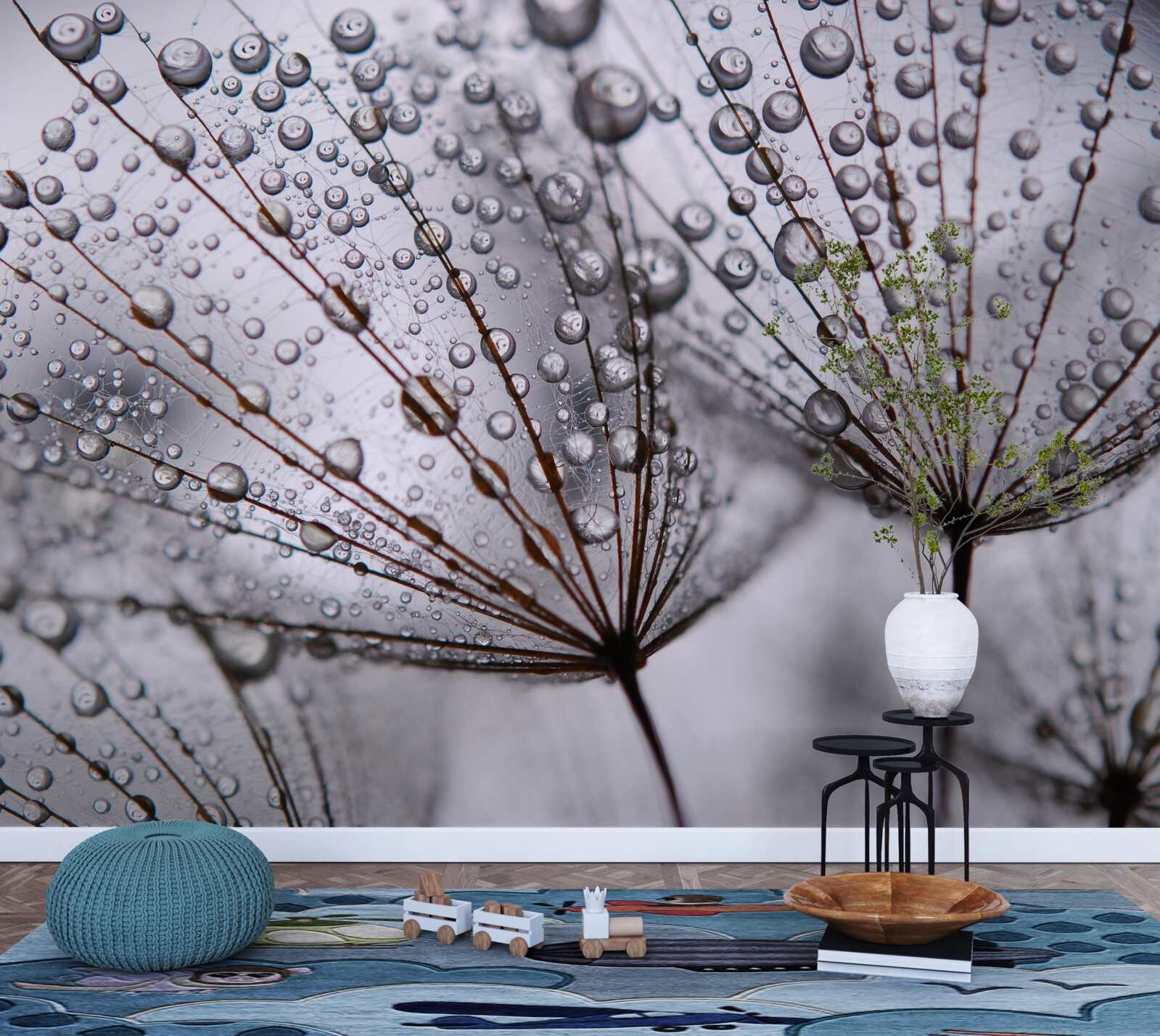 Фотошпалери краплі роси, залишені на квітах кульбаби