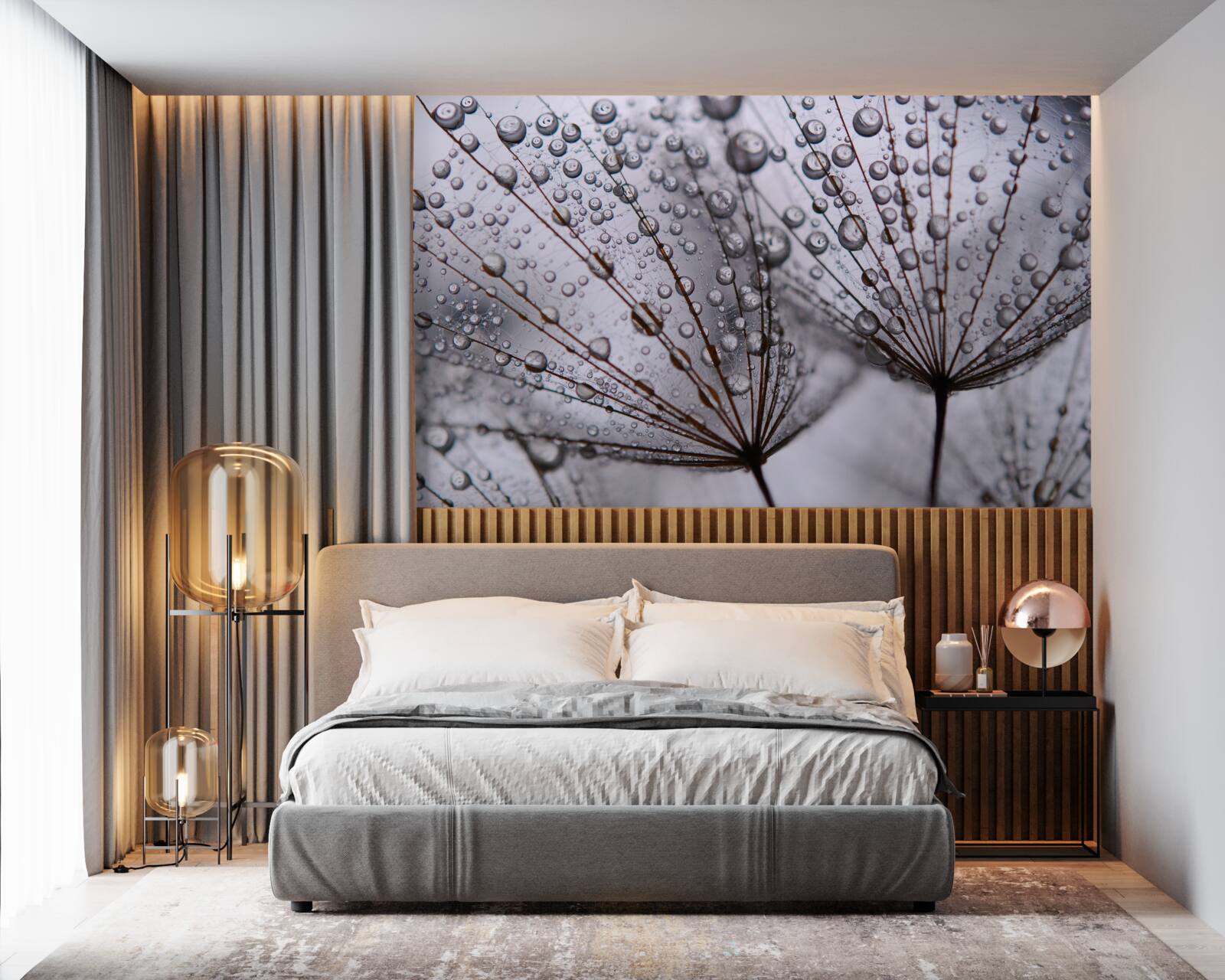 Фотошпалери краплі роси, залишені на квітах кульбаби