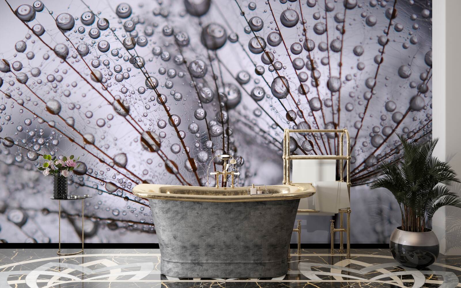 Фотошпалери краплі роси, залишені на квітах кульбаби