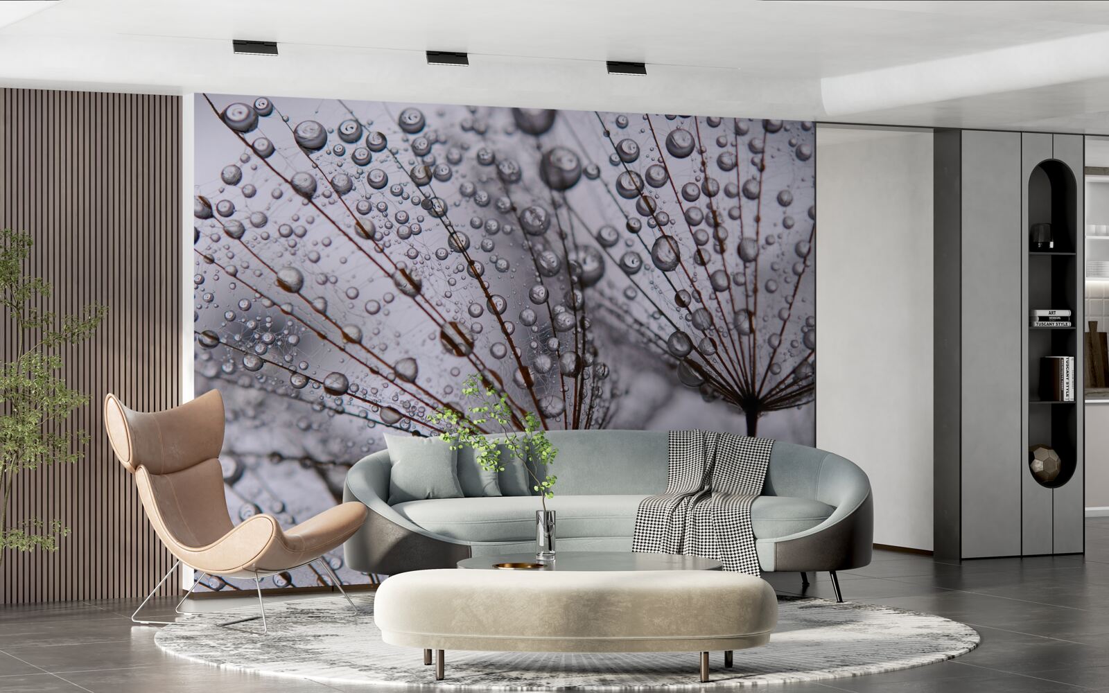 Фотошпалери краплі роси, залишені на квітах кульбаби