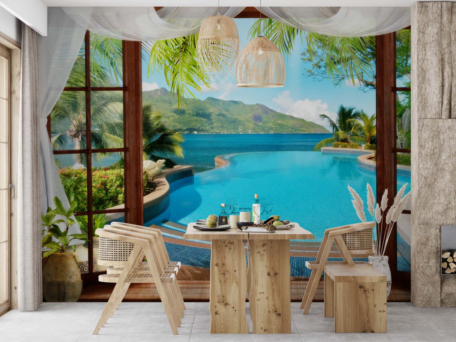 Фотошпалери басейн на терасі з чудовим видом на гори