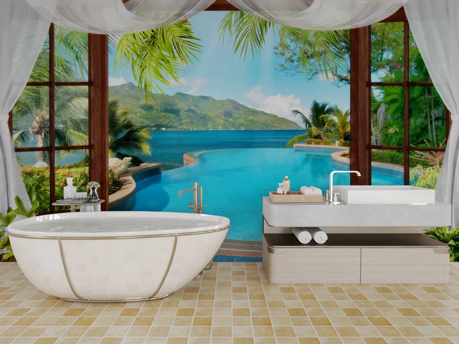 Фотошпалери басейн на терасі з чудовим видом на гори