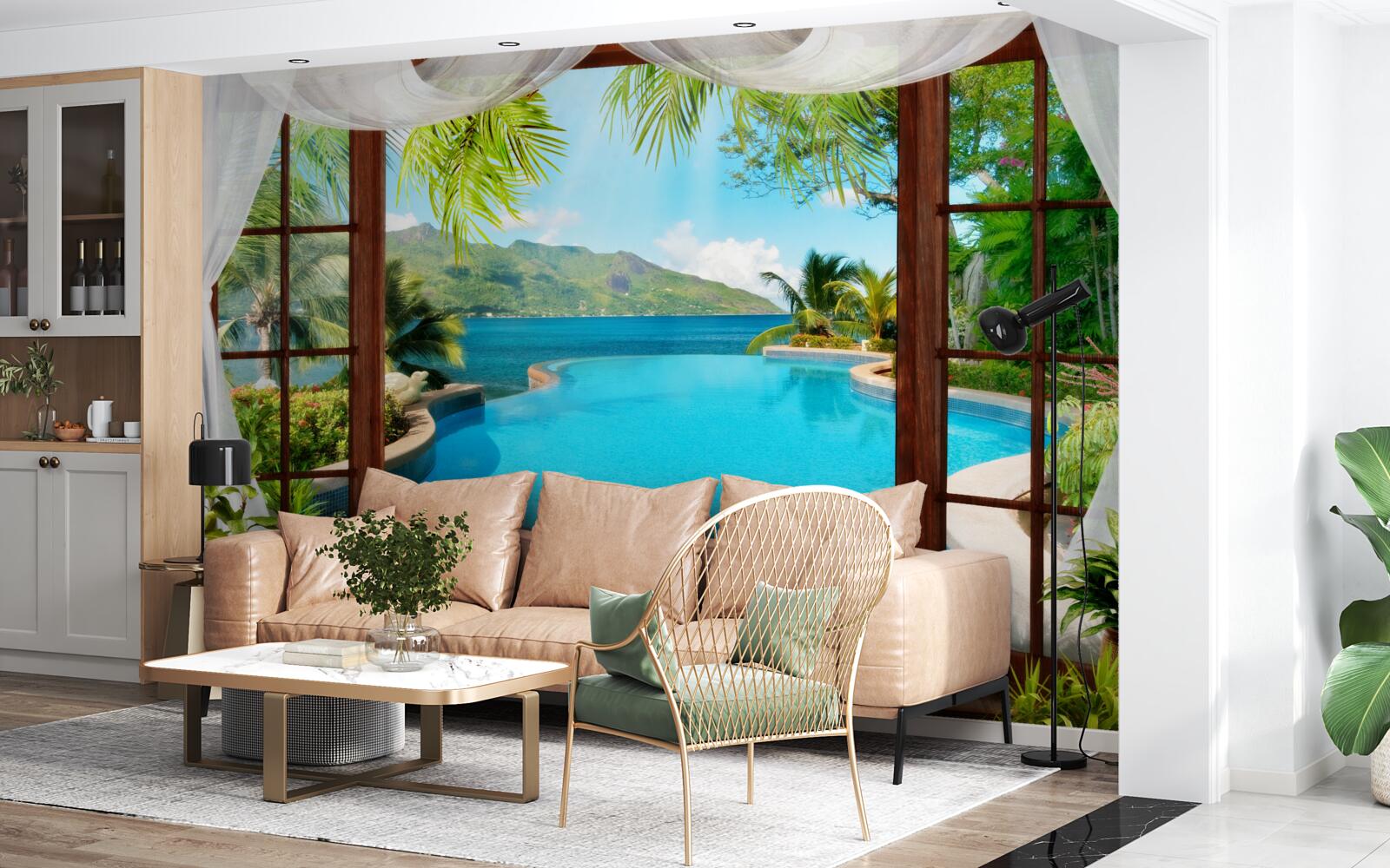 Фотошпалери басейн на терасі з чудовим видом на гори