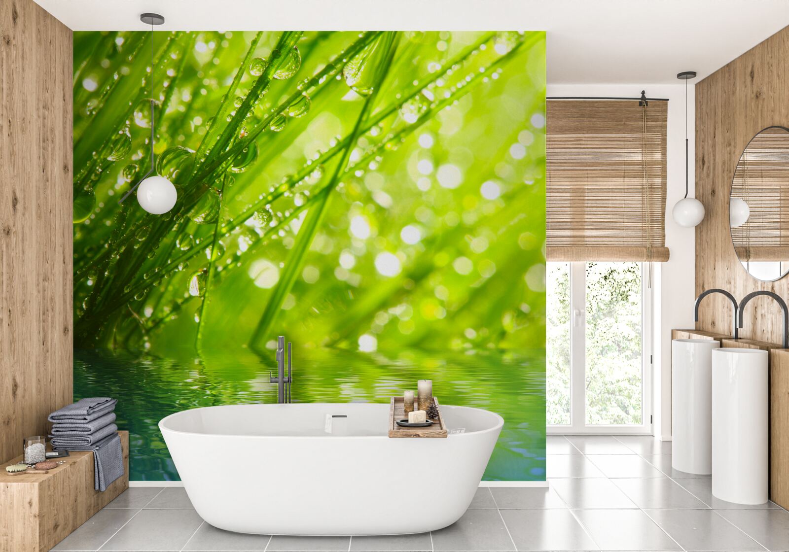 Фотошпалери великі краплі роси на гілках біля води