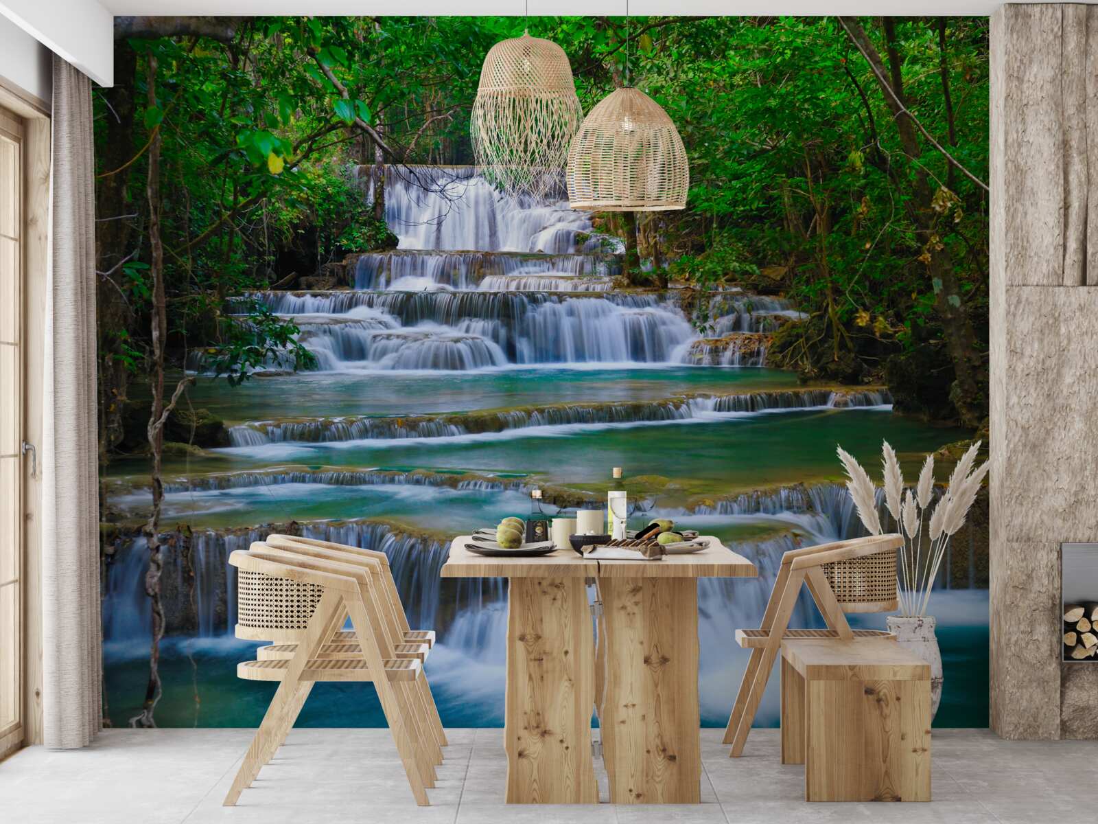 Фотошпалери великий водоспад з бірюзовою водою, що каскадом спадає вниз