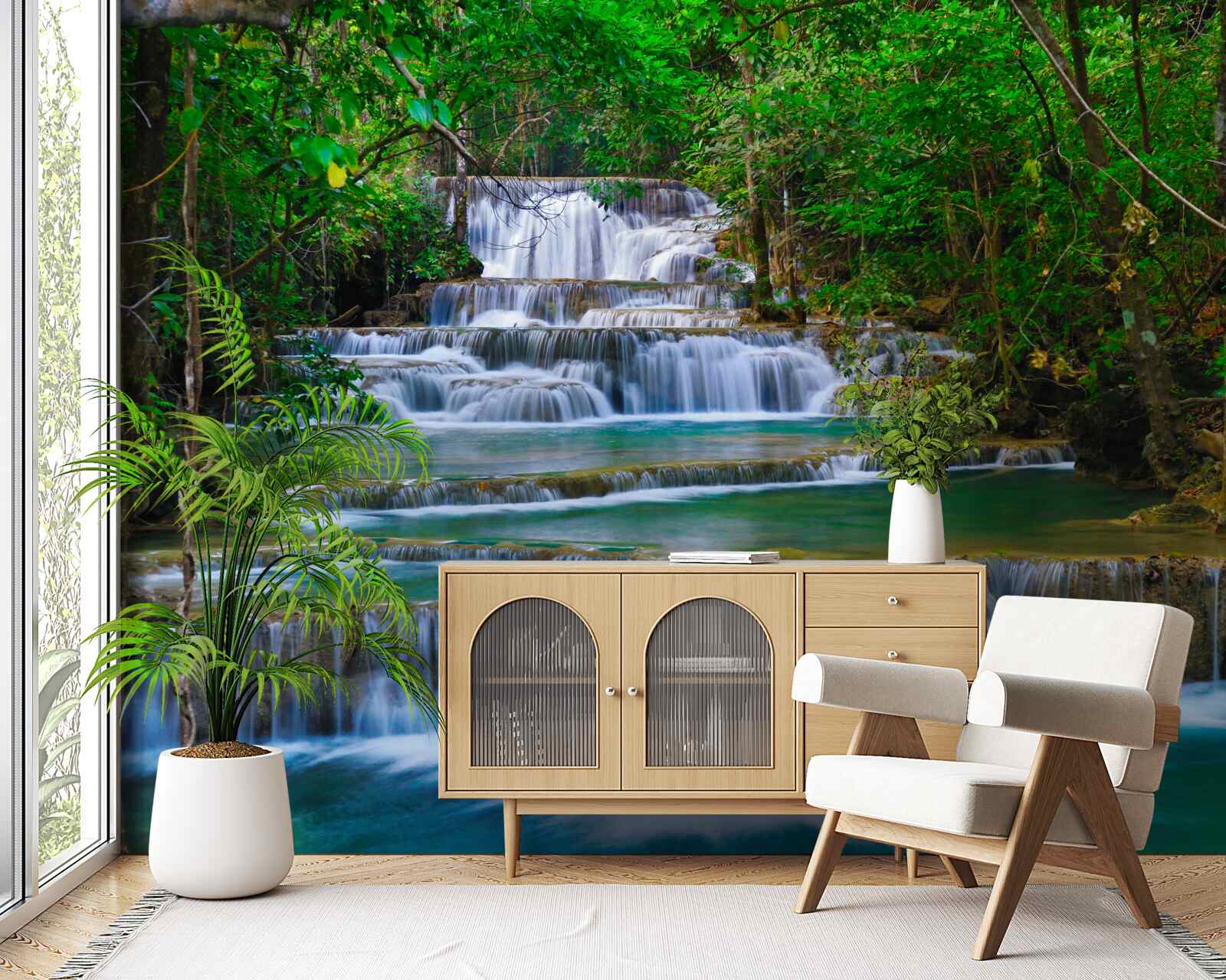 Фотошпалери великий водоспад з бірюзовою водою, що каскадом спадає вниз