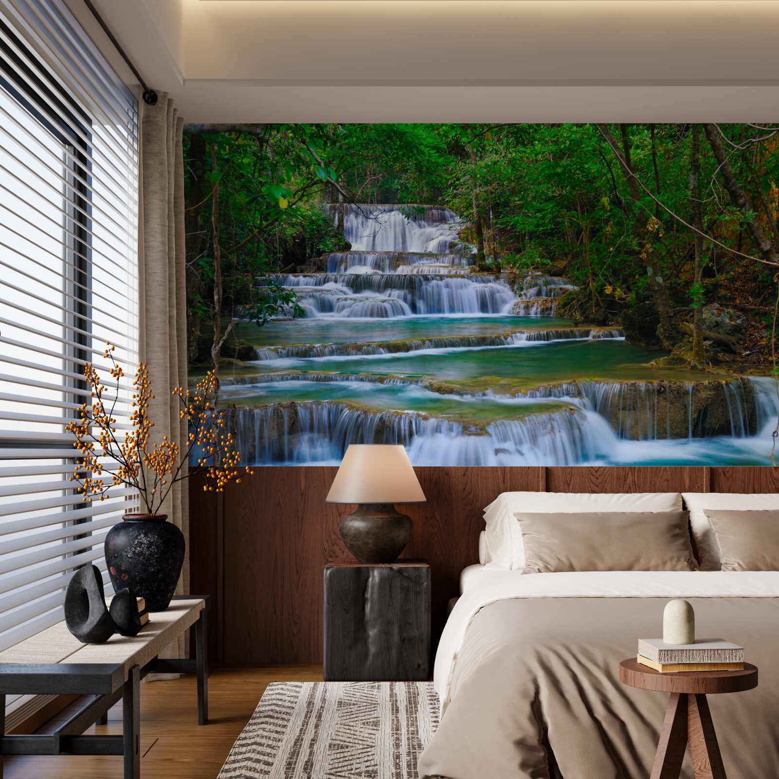 Фотошпалери великий водоспад з бірюзовою водою, що каскадом спадає вниз