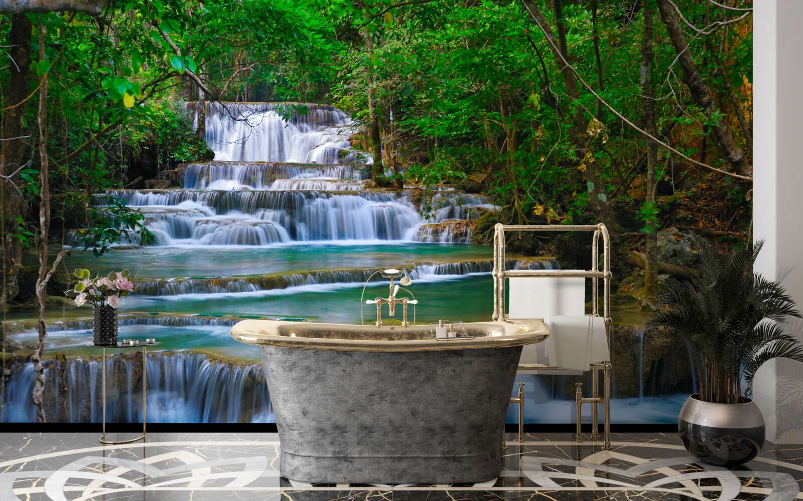 Фотошпалери великий водоспад з бірюзовою водою, що каскадом спадає вниз