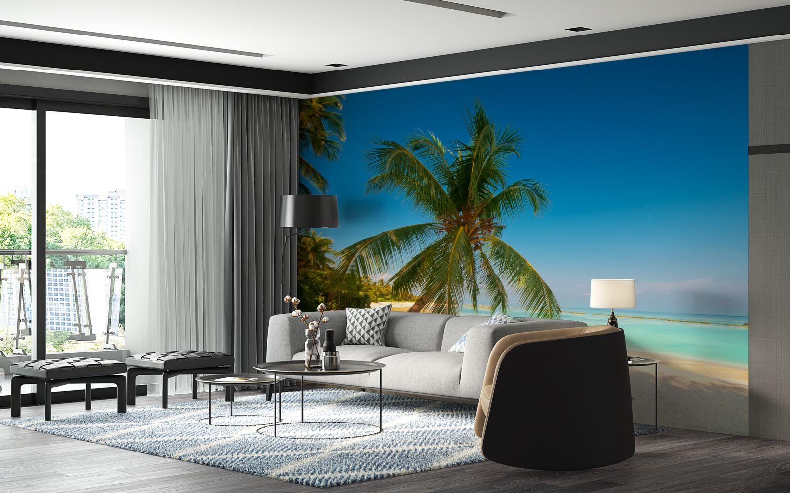 Фотошпалери гамак, розтягнутий під пальмою на тропічному узбережжі