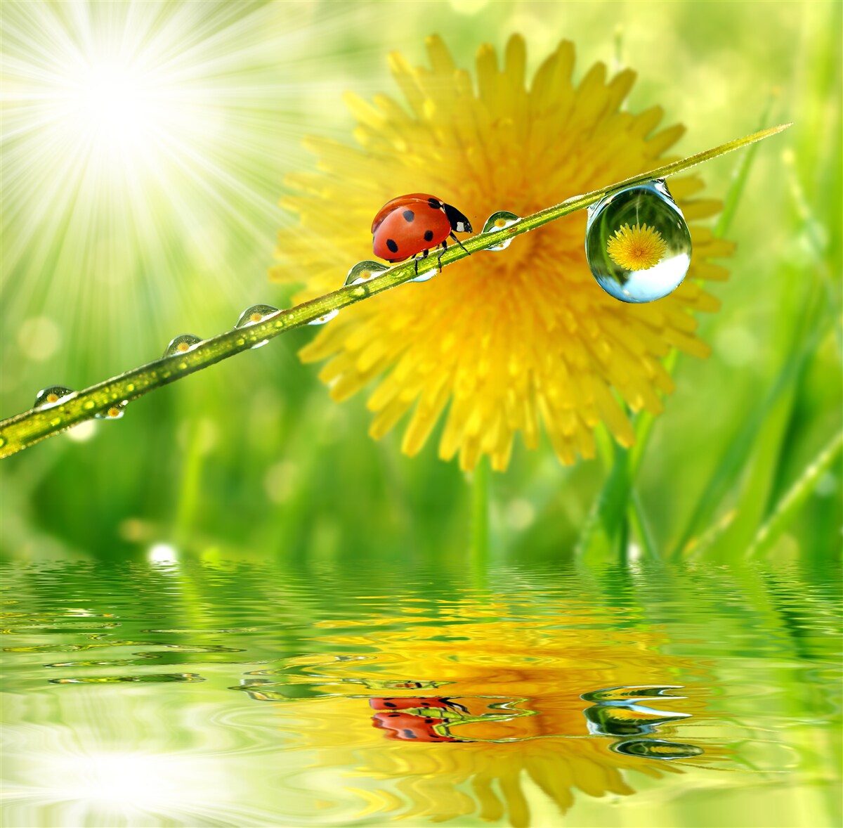 Фотошпалери велика кульбаба в краплях дощу біля води