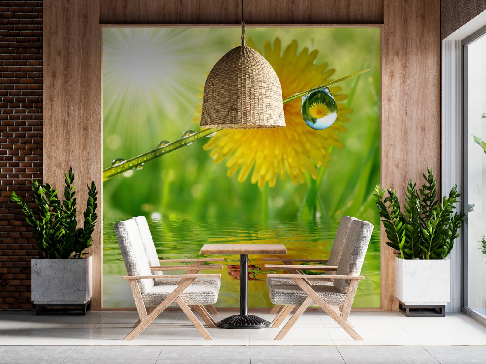 Фотошпалери велика кульбаба в краплях дощу біля води