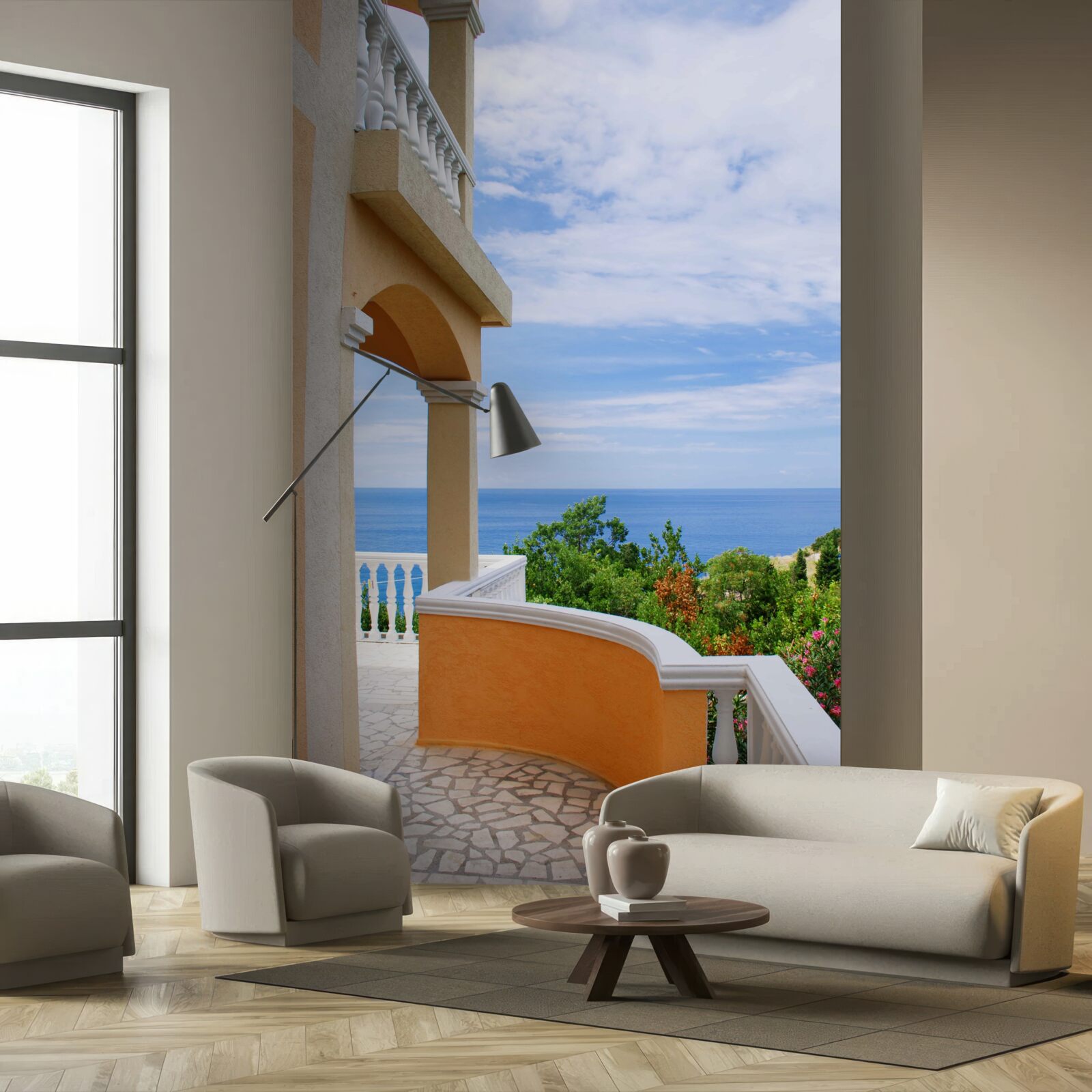 Фотошпалери панорамний вид на безмежний океан з оглядового майданчика будинку