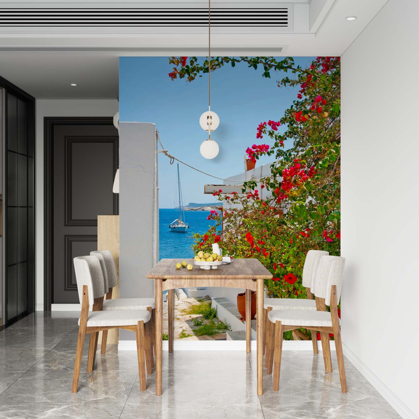 Фотошпалери колір червоного граната проглядає крізь стіни білих будинків