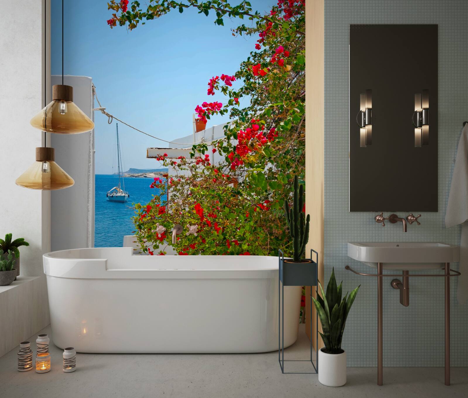 Фотошпалери колір червоного граната проглядає крізь стіни білих будинків