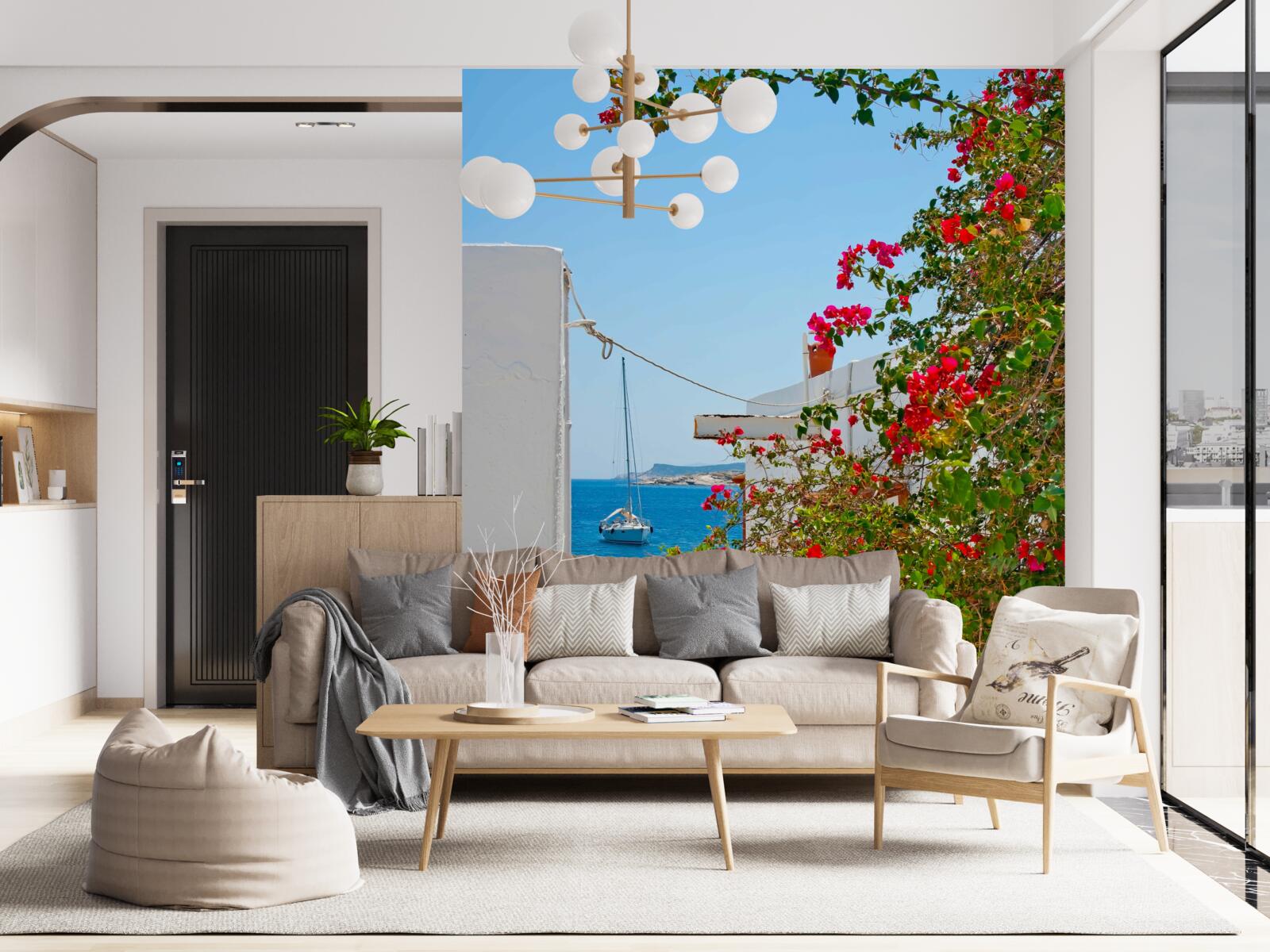 Фотошпалери колір червоного граната проглядає крізь стіни білих будинків