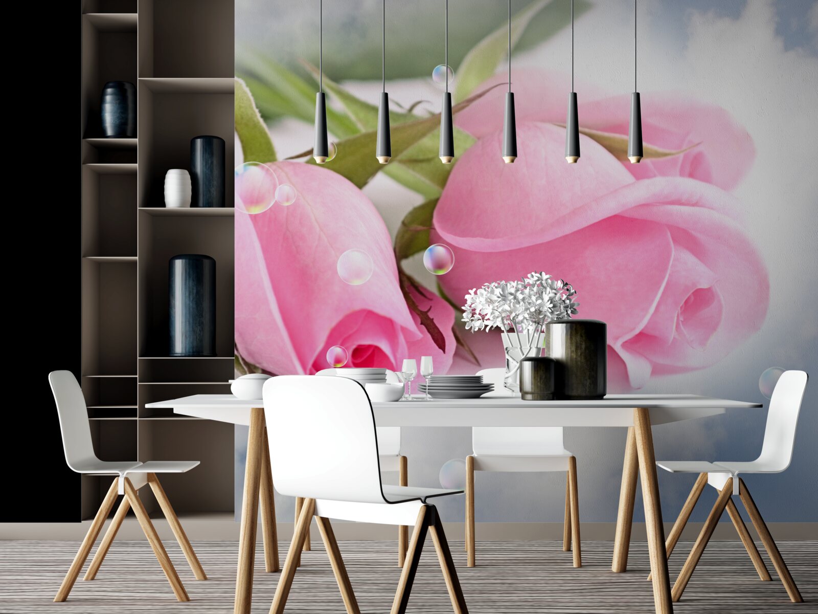 Фотошпалери рожеві троянди з краплями роси на шовковому тлі