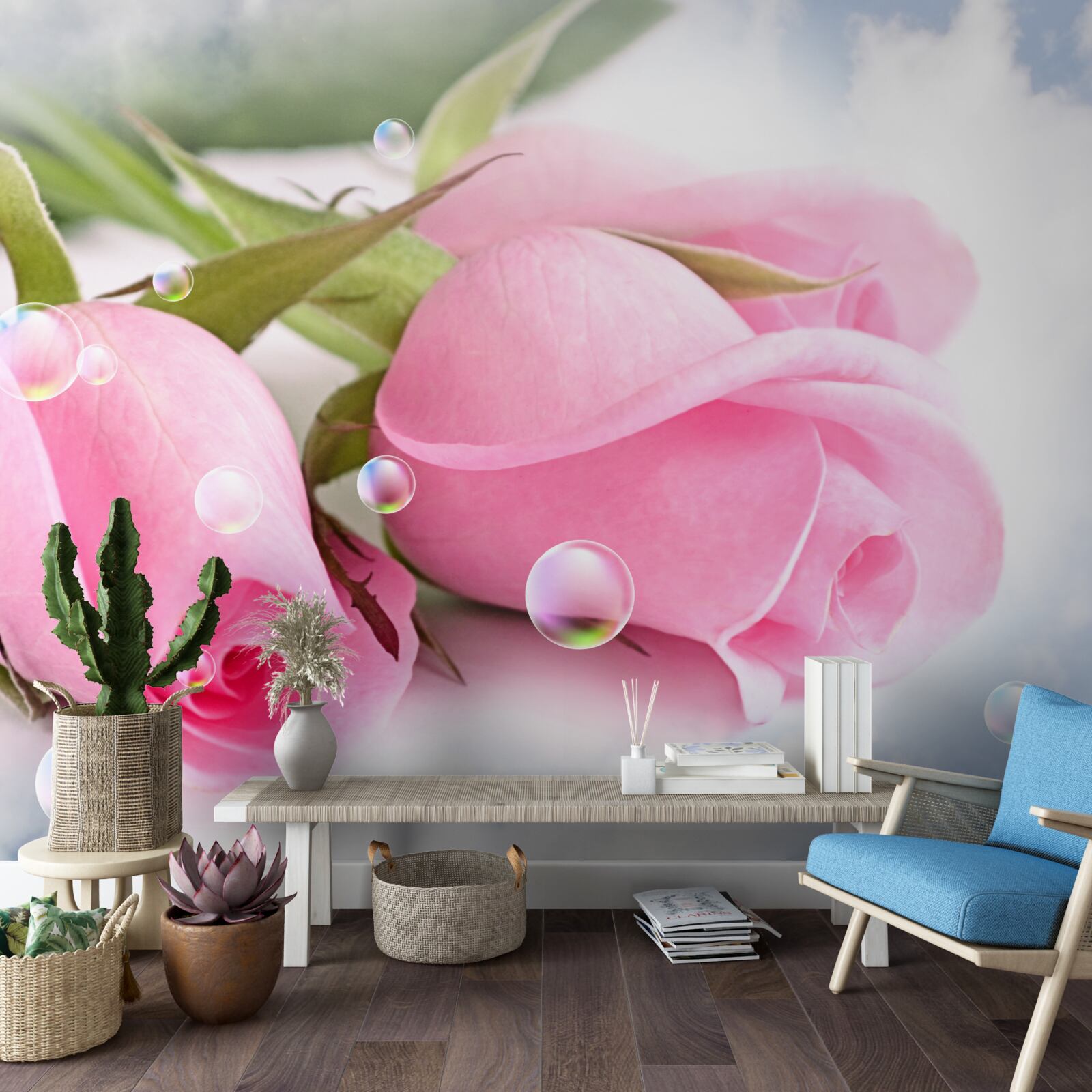 Фотошпалери рожеві троянди з краплями роси на шовковому тлі