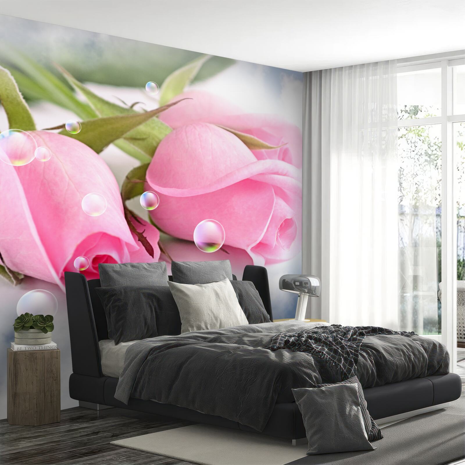 Фотошпалери рожеві троянди з краплями роси на шовковому тлі